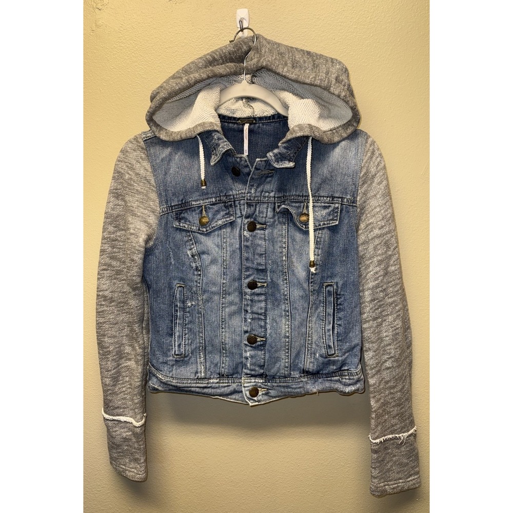 Free People Jean Jacket Womens XS Drawstring Hooded Trucker Sweatshirt - Picture 1 of 8